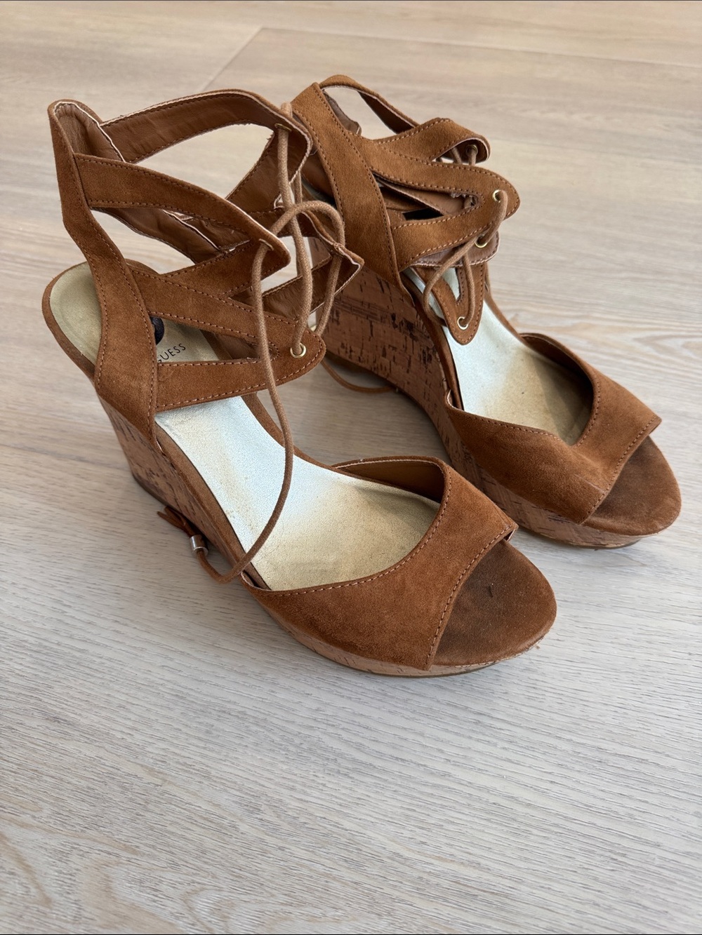 G by Guess Tan Suede Lace-Up Wedge Sandals